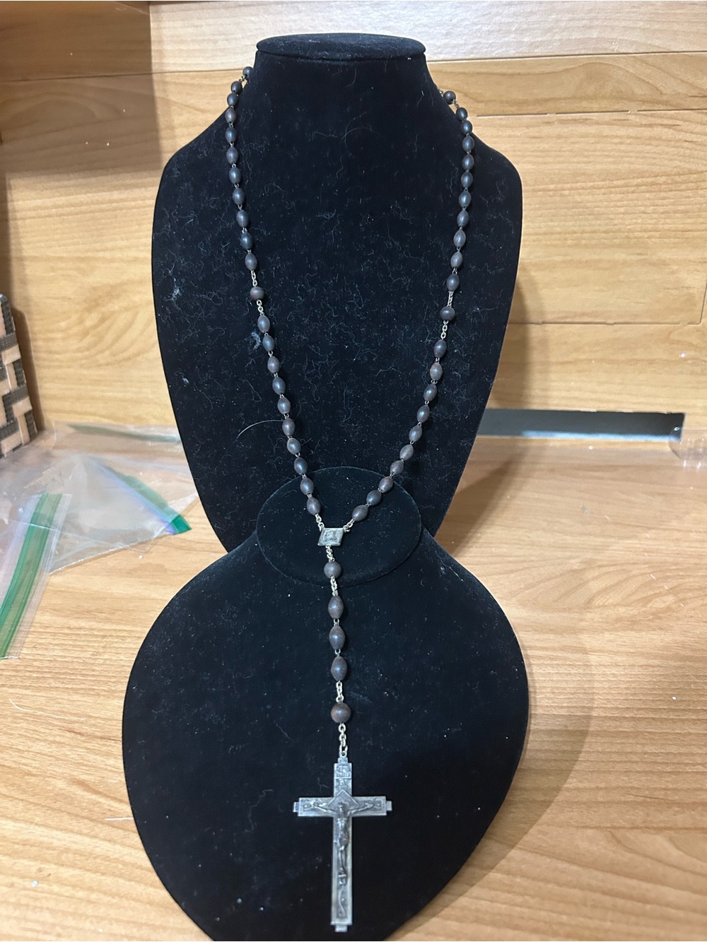 Classic Black Rosary Necklace with Silver Cross Pendant